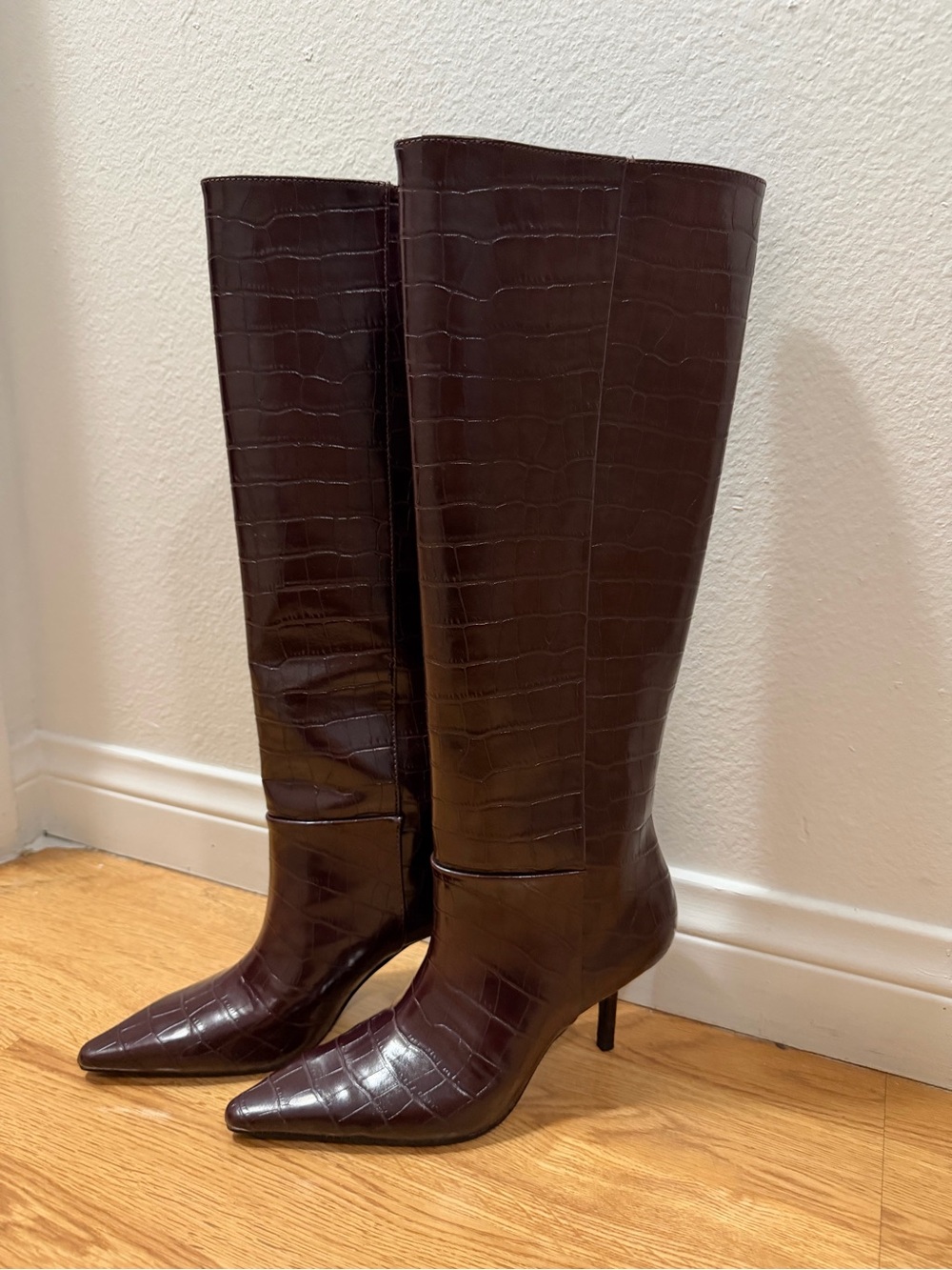 Zara Dark Brown Croc-Embossed Pointed-Toe Knee Boots